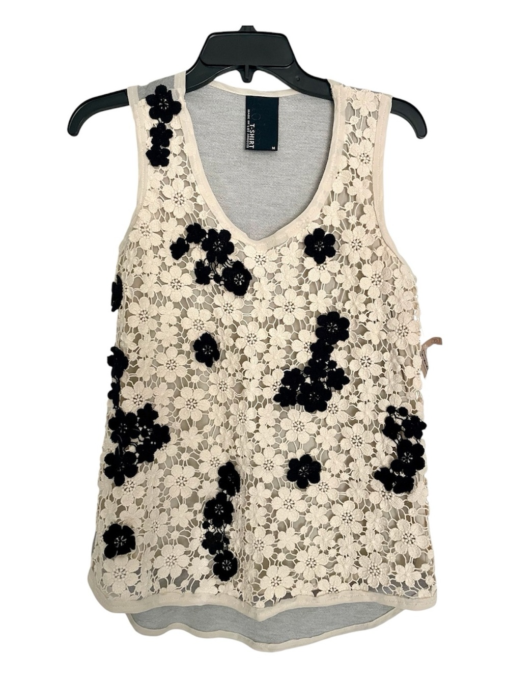 Dolan Left Coast Lace Appliqué Cream tank with Black Floral Accents Medium